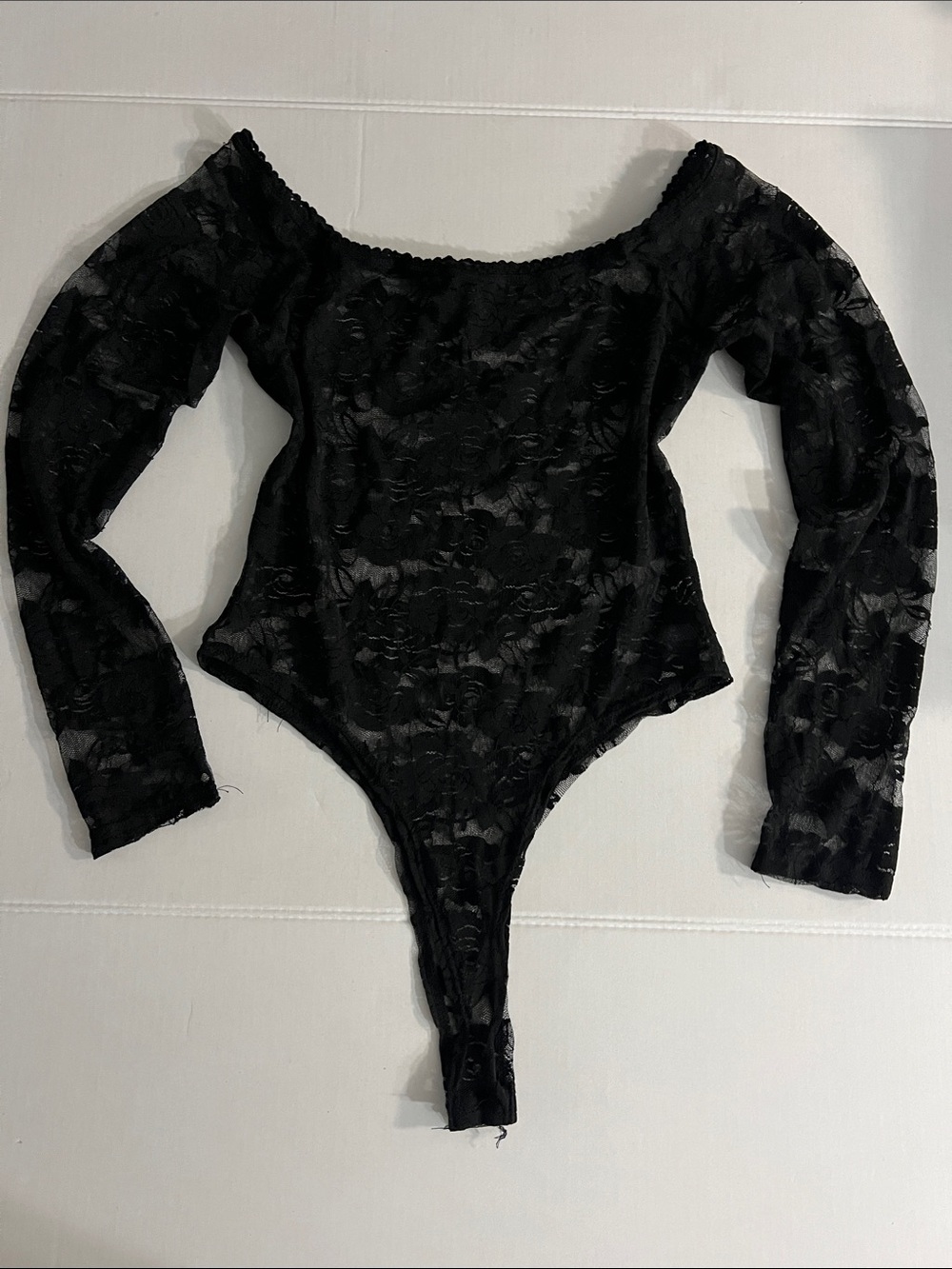 BLACK FASHION NOVA LONG SLEEVE LACE WHIMSIGOTH THONG BODYSUIT